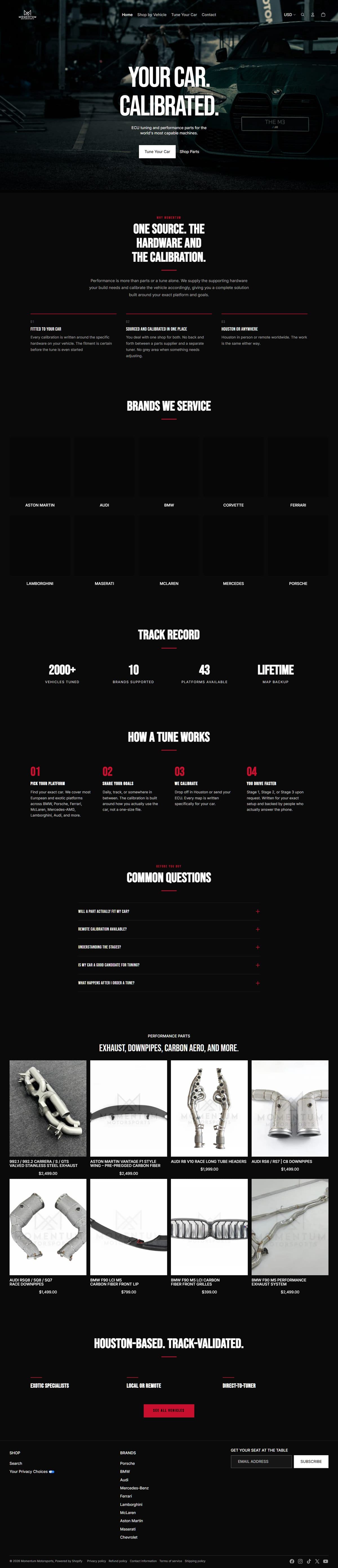Performance-parts storefront homepage after the rebuild — live today