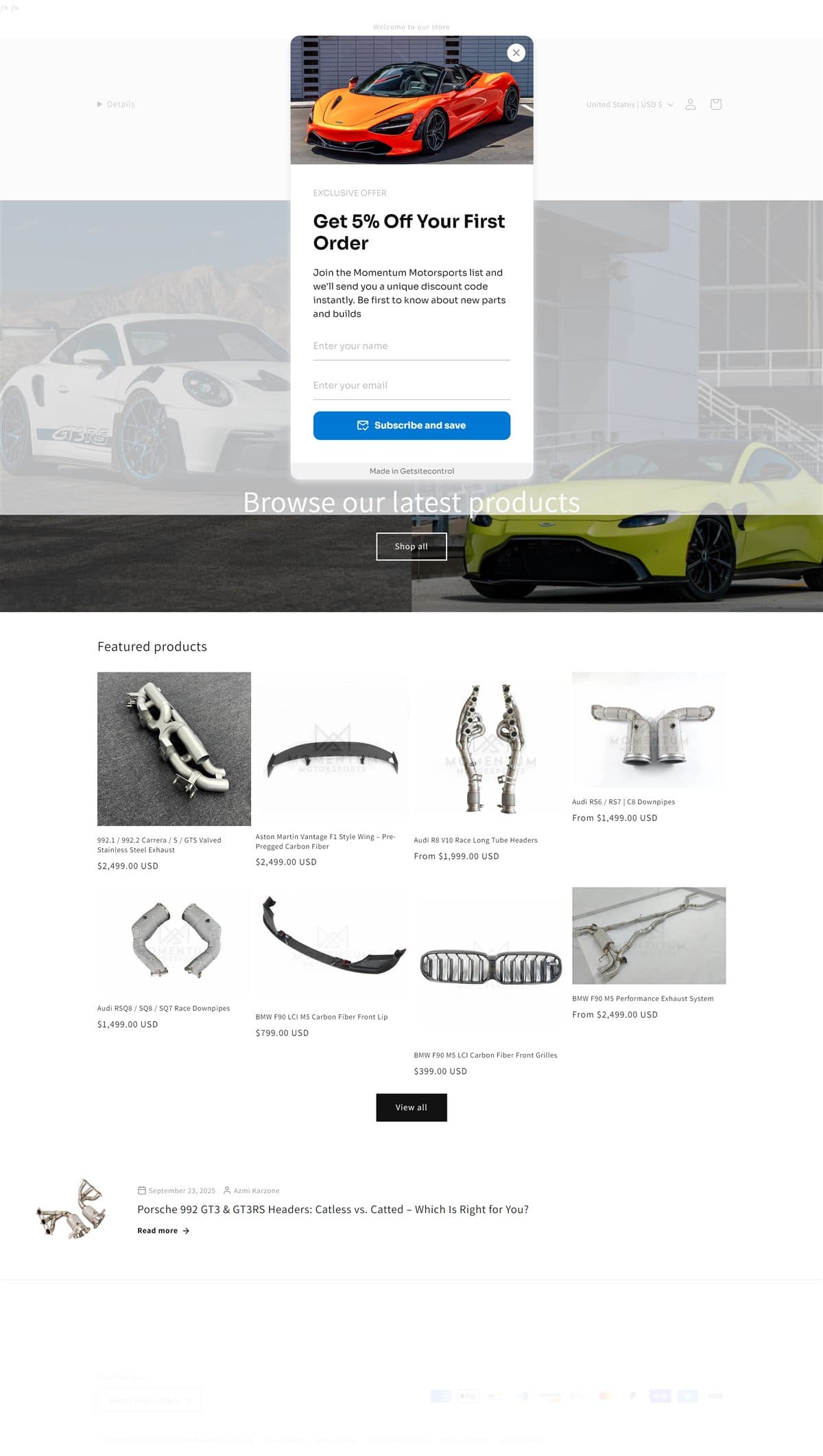 Performance-parts storefront homepage before the rebuild
